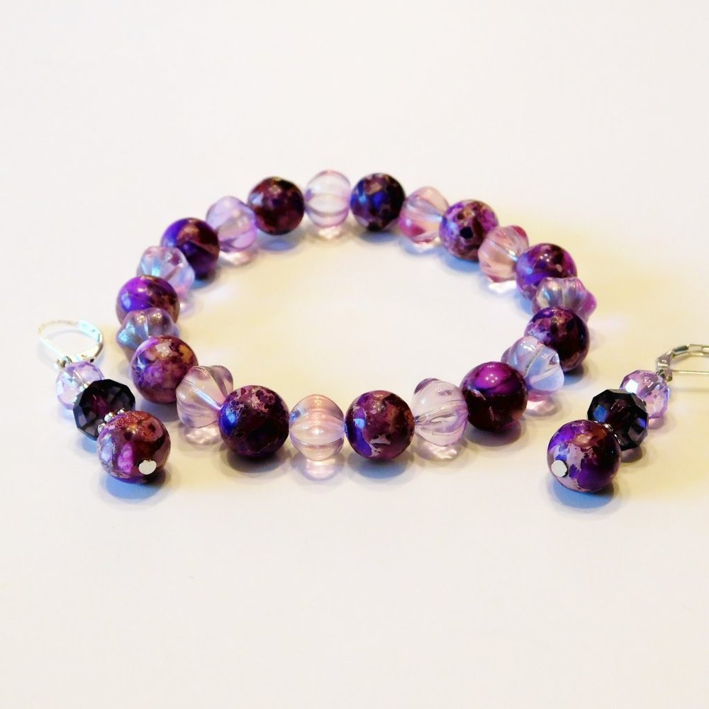 Handmade Purple Glass Beaded Stretch Bracelet & Earrings - 7.5"